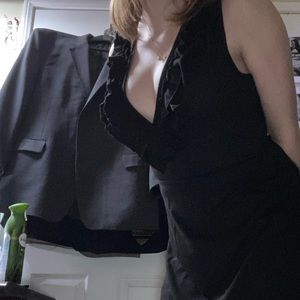 black v necked frilly dress